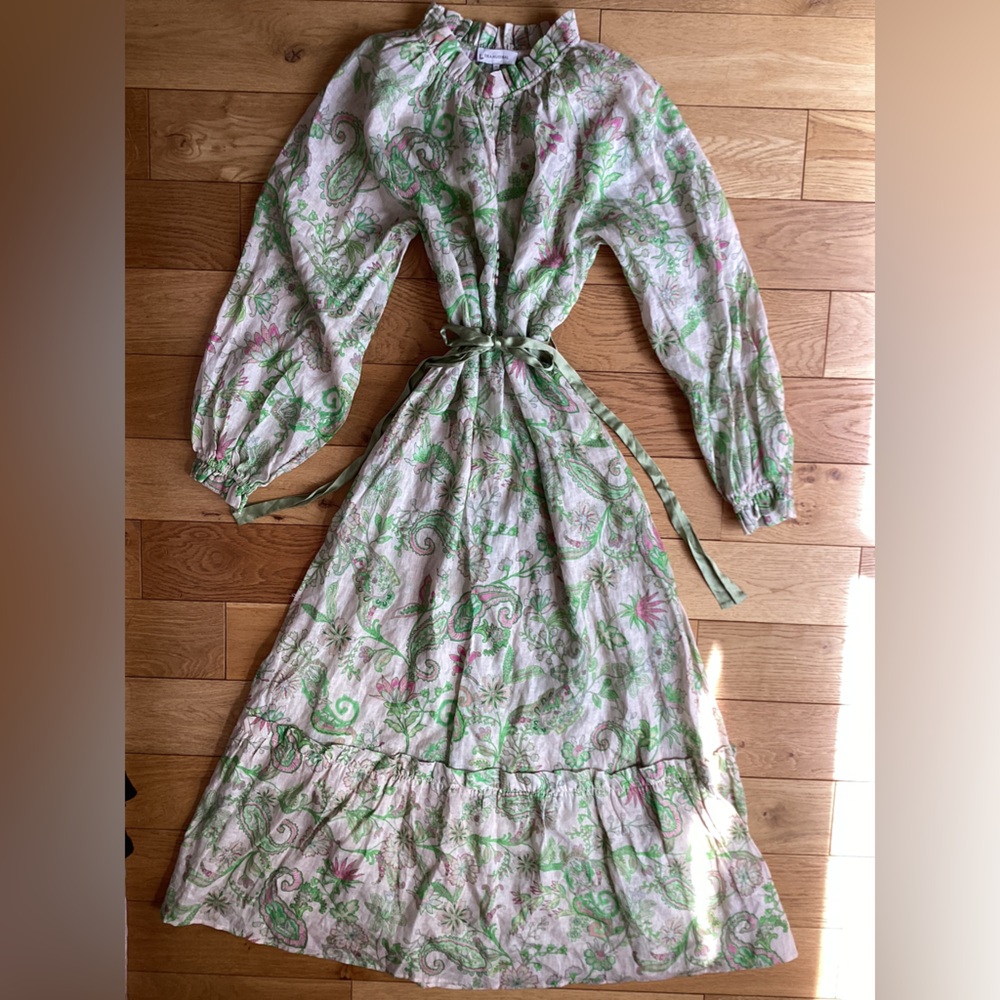 Dea Kudibal green and pink paisley linen, long sleeve maxi dress